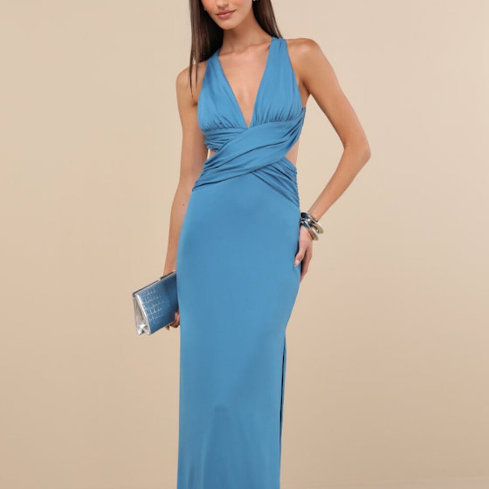 Lulus Alexandria Turquoise Backless Column Maxi Dress Blue - Size L